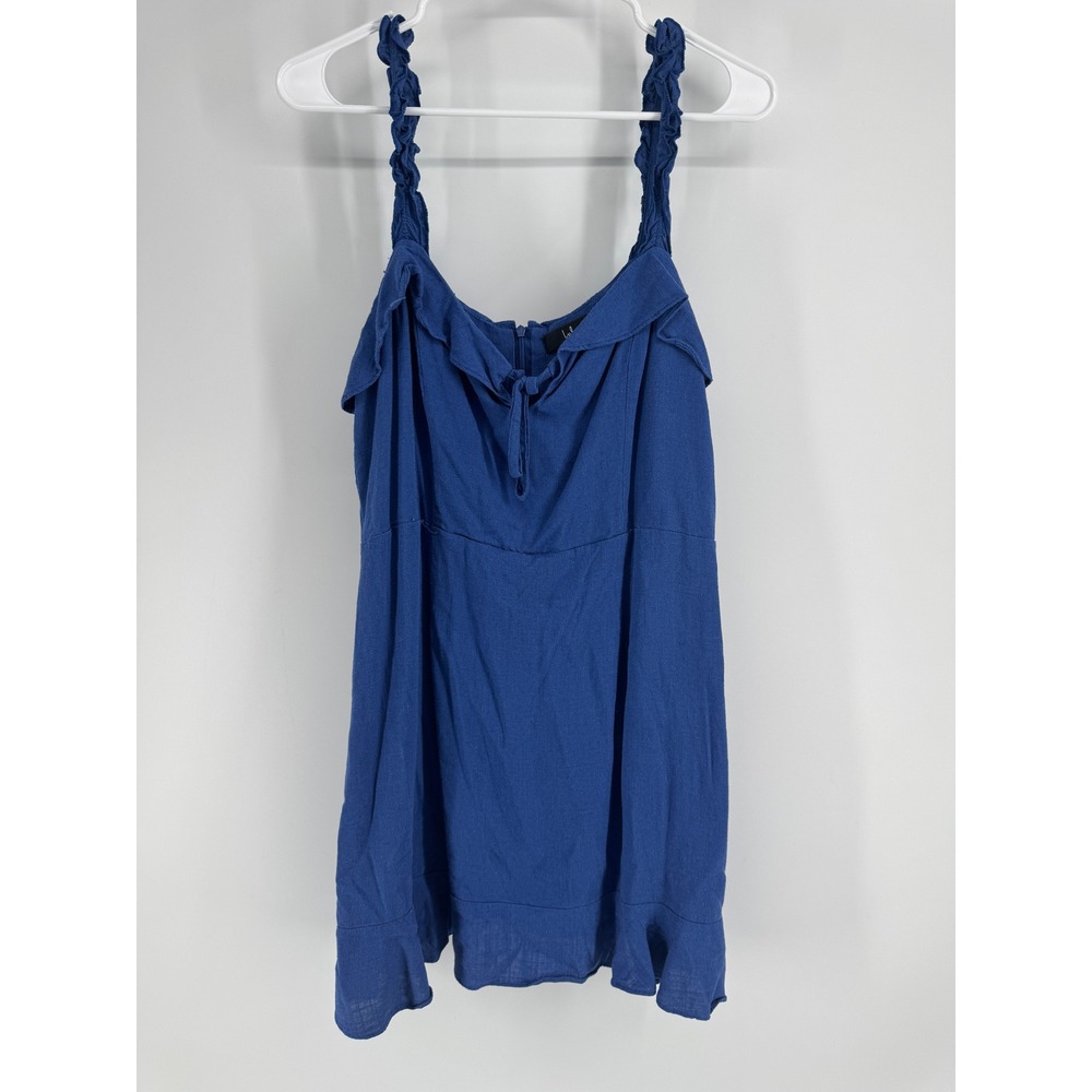 Lulus Blue Linen Blend Ruffle Tie Front Mini Dress XL Smocked Straps Sleeveless